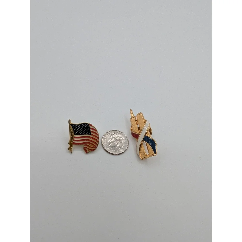 Patriotic American Flag & 9/11 Twin Towers Memorial Enamel Lapel Pin Set Gold